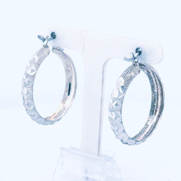 Estate Vintage Sterling Silver Diamond-Cut Hoop Earrings 4.37g Textured Design - Picture 4 of 12